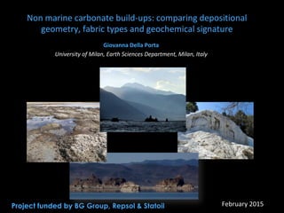 Non	marine	carbonate	build-ups:	comparing	depositional	
geometry,	fabric	types	and	geochemical	signature	
	
	
Giovanna	Della	Porta	
University	of	Milan,	Earth	Sciences	Department,	Milan,	Italy						
	
Project funded by BG Group, Repsol & Statoil February	2015	
 