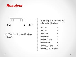 Resolver
1.-) ¿Cuantas cifras significativas
tiene?
2.-) Indique el número de
cifras significativas
3.5 cm =
3.0 cm =
3x10...