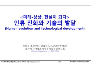 1/33 Facebook.com/wonyongcha아스팩미래기술경영연구소(Since 1994) -http://aspect.or.kr/
<미래-상상, 현실이 되다>
인류 진화와 기술의 발달
(Human evolution and technological development)
차원용 소장/영어교육학/MBA/공학박사/미
래학자 (주)아스팩미래기술경영연구소
biblematrix@gmail.com, 010-5273-5763
 