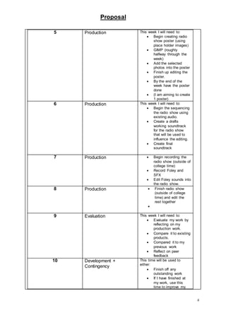 Proposal
4
5 Production This week I will need to:
 Begin creating radio
show poster (using
place holder images)
 GIMP (roughly
halfway through the
week)
 Add the selected
photos into the poster
 Finish up editing the
poster.
 By the end of the
week have the poster
done
 (I am aiming to create
1 poster)
6 Production This week I will need to:
 Begin the sequencing
the radio show using
existing audio.
 Create a drafts
working soundtrack
for the radio show
that will be used to
influence the editing.
 Create final
soundtrack
7 Production  Begin recording the
radio show (outside of
college time)
 Record Foley and
SFX
 Edit Foley sounds into
the radio show.
8 Production  Finish radio show
(outside of college
time) and edit the
rest together

9 Evaluation This week I will need to:
 Evaluate my work by
reflecting on my
production work.
 Compare it to existing
products.
 Compared it to my
previous work
 Reflect on peer
feedback
10 Development +
Contingency
This time will be used to
either:
 Finish off any
outstanding work
 If I have finished at
my work, use this
time to improve my
 