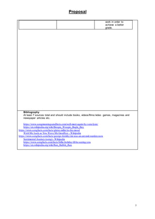 Proposal
5
work in order to
achieve a better
grade.
Bibliography
At least 7 sources total and should include books, videos/films/video games, magazines and
newspaper articles etc.
https://www.songmeaningsandfacts.com/well-meet-again-by-vera-lynn/
https://en.wikipedia.org/wiki/Boogie_Woogie_Bugle_Boy
https://www.songfacts.com/facts/glenn-miller/in-the-mood
Wish Me Luck as You Wave Me Goodbye - Wikipedia
https://www.songfacts.com/facts/george-formby/mr-wus-an-air-raid-warden-now
Sentimental Journey (song) - Wikipedia
https://www.songfacts.com/facts/billie-holiday/ill-be-seeing-you
https://en.wikipedia.org/wiki/Run_Rabbit_Run
 
