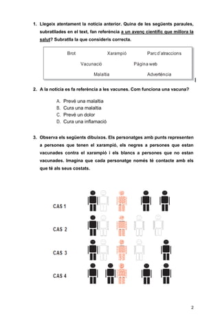 2
1. Llegeix atentament la notícia anterior. Quina de les següents paraules,
subratllades en el text, fan referència a un avenç científic que millora la
salut? Subratlla la que consideris correcta.
2. A la notícia es fa referència a les vacunes. Com funciona una vacuna?
A. Prevé una malaltia
B. Cura una malaltia
C. Prevé un dolor
D. Cura una inflamació
3. Observa els següents dibuixos. Els personatges amb punts representen
a persones que tenen el xarampió, els negres a persones que estan
vacunades contra el xarampió i els blancs a persones que no estan
vacunades. Imagina que cada personatge només té contacte amb els
que té als seus costats.
 