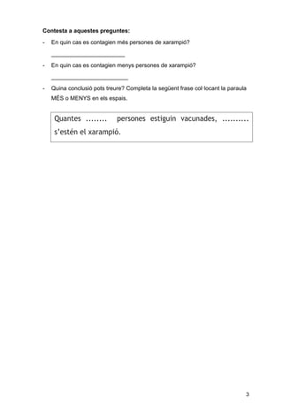 3
Contesta a aquestes preguntes:
- En quin cas es contagien més persones de xarampió?
_______________________
- En quin cas es contagien menys persones de xarampió?
________________________
- Quina conclusió pots treure? Completa la següent frase col·locant la paraula
MÉS o MENYS en els espais.
Quantes ........ persones estiguin vacunades, ..........
s’estén el xarampió.
 