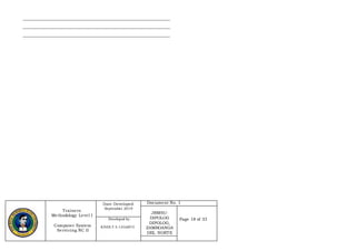 Trainers
Methodology Level I
Computer System
Servicing NC II
Date Developed:
September 2019
Document No. 1
JRMSU-
DIPOLOG
DIPOLOG,
ZAMBOANGA
DEL NORTE
Page 18 of 33Developed by:
KINDLY S. LEGARTE
__________________________________________________________
__________________________________________________________
__________________________________________________________
 