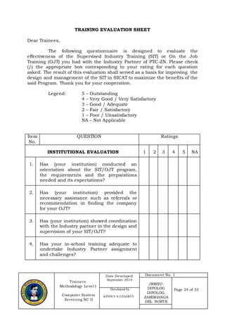 Trainers
Methodology Level I
Computer System
Servicing NC II
Date Developed:
September 2019
Document No. 1
JRMSU-
DIPOLOG
DIPOLOG,
ZAMBOANGA
DEL NORTE
Page 24 of 33Developed by:
KINDLY S. LEGARTE
TRAINING EVALUATION SHEET
Dear Trainees,
The following questionnaire is designed to evaluate the
effectiveness of the Supervised Industry Training (SIT) or On the Job
Training (OJT) you had with the Industry Partner of PTC-ZN. Please check
(/) the appropriate box corresponding to your rating for each question
asked. The result of this evaluation shall served as a basis for improving the
design and management of the SIT in SICAT to maximize the benefits of the
said Program. Thank you for your cooperation.
Legend: 5 – Outstanding
4 – Very Good / Very Satisfactory
3 – Good / Adequate
2 – Fair / Satisfactory
1 – Poor / Unsatisfactory
NA – Not Applicable
Item
No.
QUESTION Ratings
INSTITUTIONAL EVALUATION 1 2 3 4 5 NA
1. Has (your institution) conducted an
orientation about the SIT/OJT program,
the requirements and the preparations
needed and its expectations?
2. Has (your institution) provided the
necessary assistance such as referrals or
recommendation in finding the company
for your OJT?
3. Has (your institution) showed coordination
with the Industry partner in the design and
supervision of your SIT/OJT?
4. Has your in-school training adequate to
undertake Industry Partner assignment
and challenges?
 