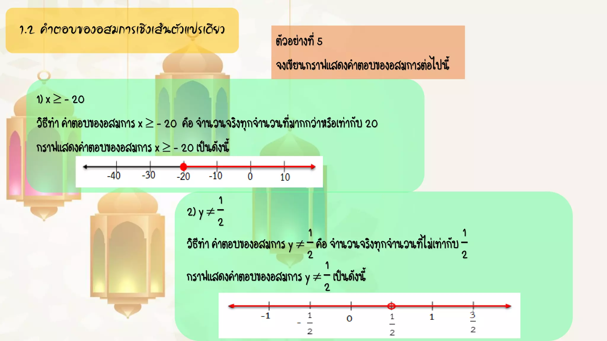 1.2 คำตอบของอสมกำรเชิงเส้นตัวแปรเดียว
1)x –20
วิธีทาคาตอบของอสมการx –20 คือจานวนจริงทุกจานวนที่มากกว่าหรือเท่ากับ20
กราฟแสดงคาตอบของอสมการx –20เป็นดังนี้
ตัวอย่างที่5
จงเขียนกราฟแสดงคาตอบของอสมการต่อไปนี้
2)y
1
2
วิธีทาคาตอบของอสมการy
1
2
คือจานวนจริงทุกจานวนที่ไม่เท่ากับ
1
2
กราฟแสดงคาตอบของอสมการy
1
2
เป็นดังนี้
 