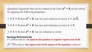 Solving Quadratic Equations by Extracting Square Roots | PDF