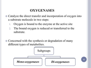 OXYGENASES
 Catalyze the direct transfer and incorporation of oxygen into
a substrate molecule in two steps:
1. Oxygen is bound to the enzyme at the active site
2. The bound oxygen is reduced or transferred to the
substrate.
 Concerned with the synthesis or degradation of many
different types of metabolites.
11
Subgroups
Mono-oxygenases Di-oxygenases
 