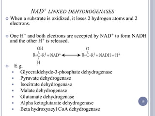 NAD+ LINKED DEHYDROGENASES
 When a substrate is oxidized, it loses 2 hydrogen atoms and 2
electrons.
 One H+ and both electrons are accepted by NAD+ to form NADH
and the other H+ is released.
 E.g;
 Glyceraldehyde-3-phosphate dehydrogenase
 Pyruvate dehydrogenase
 Isocitrate dehydrogenase
 Malate dehydrogenase
 Glutamate dehydrogenase
 Alpha ketoglutarate dehydrogenase
 Beta hydroxyacyl CoA dehydrogenase
15
 