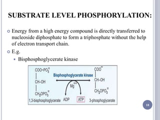 SUBSTRATE LEVEL PHOSPHORYLATION:
 Energy from a high energy compound is directly transferred to
nucleoside diphosphate to form a triphosphate without the help
of electron transport chain.
 E.g.
 Bisphosphoglycerate kinase
18
 