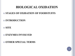 BIOLOGICAL OXIDATION
 STAGES OF OXIDATION OF FOODSTUFFS
 INTRODUCTION
 SITE
 ENZYMES INVOLVED
 OTHER SPECIAL TERMS
3
 