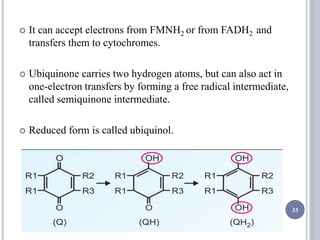  It can accept electrons from FMNH2 or from FADH2 and
transfers them to cytochromes.
 Ubiquinone carries two hydrogen atoms, but can also act in
one-electron transfers by forming a free radical intermediate,
called semiquinone intermediate.
 Reduced form is called ubiquinol.
33
 