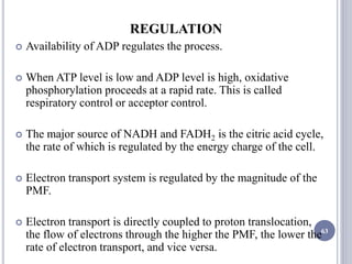 REGULATION
 Availability of ADP regulates the process.
 When ATP level is low and ADP level is high, oxidative
phosphorylation proceeds at a rapid rate. This is called
respiratory control or acceptor control.
 The major source of NADH and FADH2 is the citric acid cycle,
the rate of which is regulated by the energy charge of the cell.
 Electron transport system is regulated by the magnitude of the
PMF.
 Electron transport is directly coupled to proton translocation,
the flow of electrons through the higher the PMF, the lower the
rate of electron transport, and vice versa.
63
 