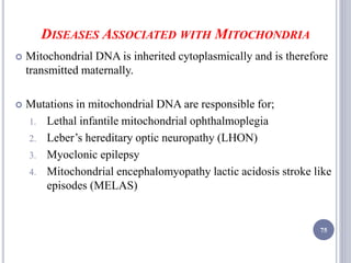 DISEASES ASSOCIATED WITH MITOCHONDRIA
 Mitochondrial DNA is inherited cytoplasmically and is therefore
transmitted maternally.
 Mutations in mitochondrial DNA are responsible for;
1. Lethal infantile mitochondrial ophthalmoplegia
2. Leber’s hereditary optic neuropathy (LHON)
3. Myoclonic epilepsy
4. Mitochondrial encephalomyopathy lactic acidosis stroke like
episodes (MELAS)
75
 