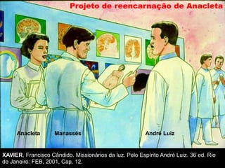 Projeto de reencarnação de Anacleta
XAVIER, Francisco Cândido. Missionários da luz. Pelo Espírito André Luiz. 36 ed. Rio
de Janeiro: FEB, 2001, Cap. 12.
Anacleta André LuizManassés
 