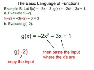 The Basic Language of Functions
Example B. Let f(x) = –3x – 3, g(x) = –2x2 – 3x + 1.
a. Evaluate f(–2).
f(–2) = –3(–2) – 3 = 3
b. Evaluate g(–2).
g(x) = –2x2 – 3x + 1
g(–2)
copy the input
then paste the input
where the x’s are
 