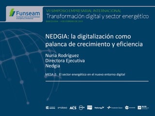 NEDGIA: la digitalización como
palanca de crecimiento y eficiencia
Nuria Rodríguez
Directora Ejecutiva
Nedgia
MESA 2: El sector energético en el nuevo entorno digital
 