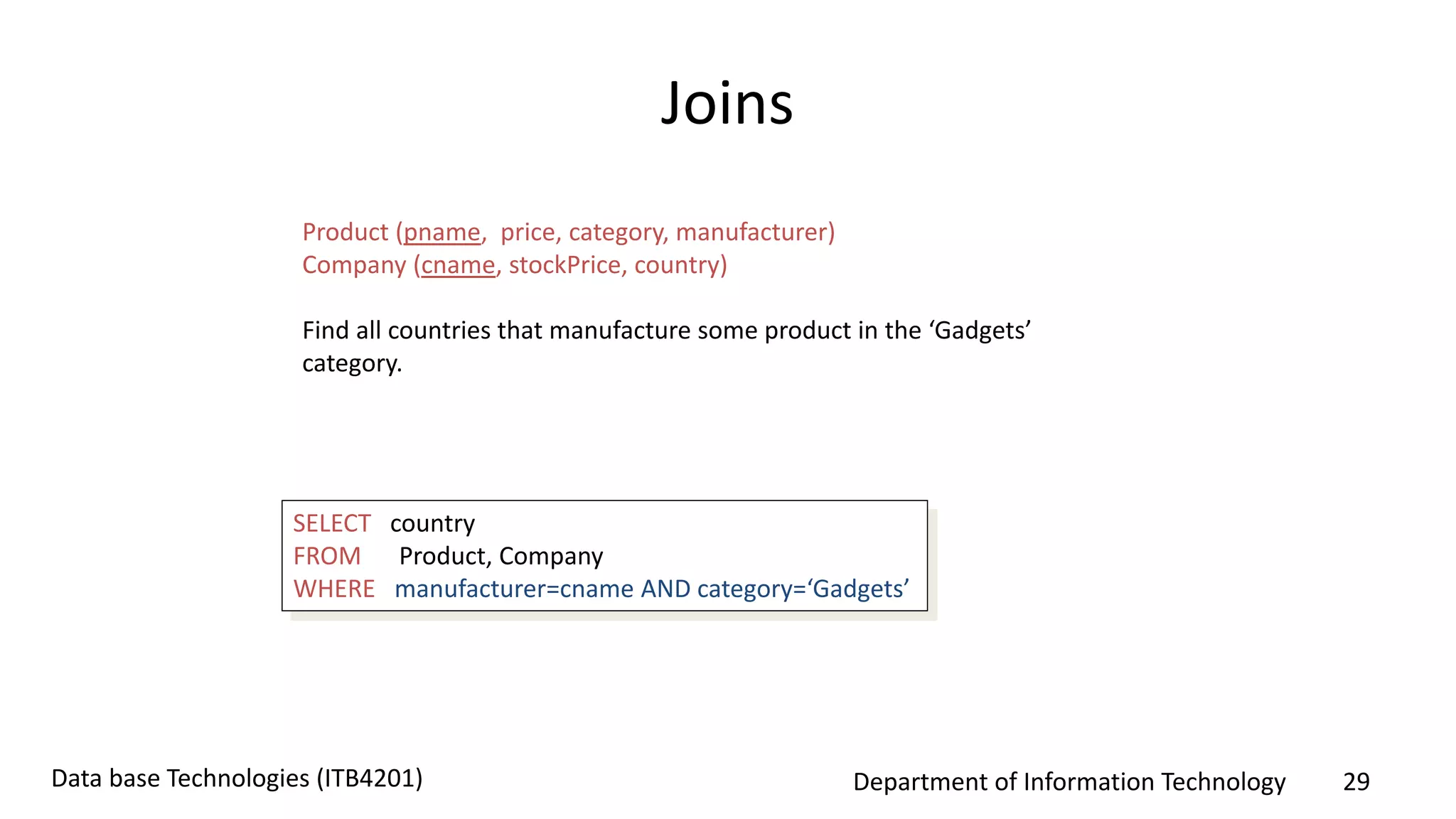 Department of Information Technology 29Data base Technologies (ITB4201)
Joins
Product (pname, price, category, manufacturer)
Company (cname, stockPrice, country)
Find all countries that manufacture some product in the ‘Gadgets’
category.
SELECT country
FROM Product, Company
WHERE manufacturer=cname AND category=‘Gadgets’
 
