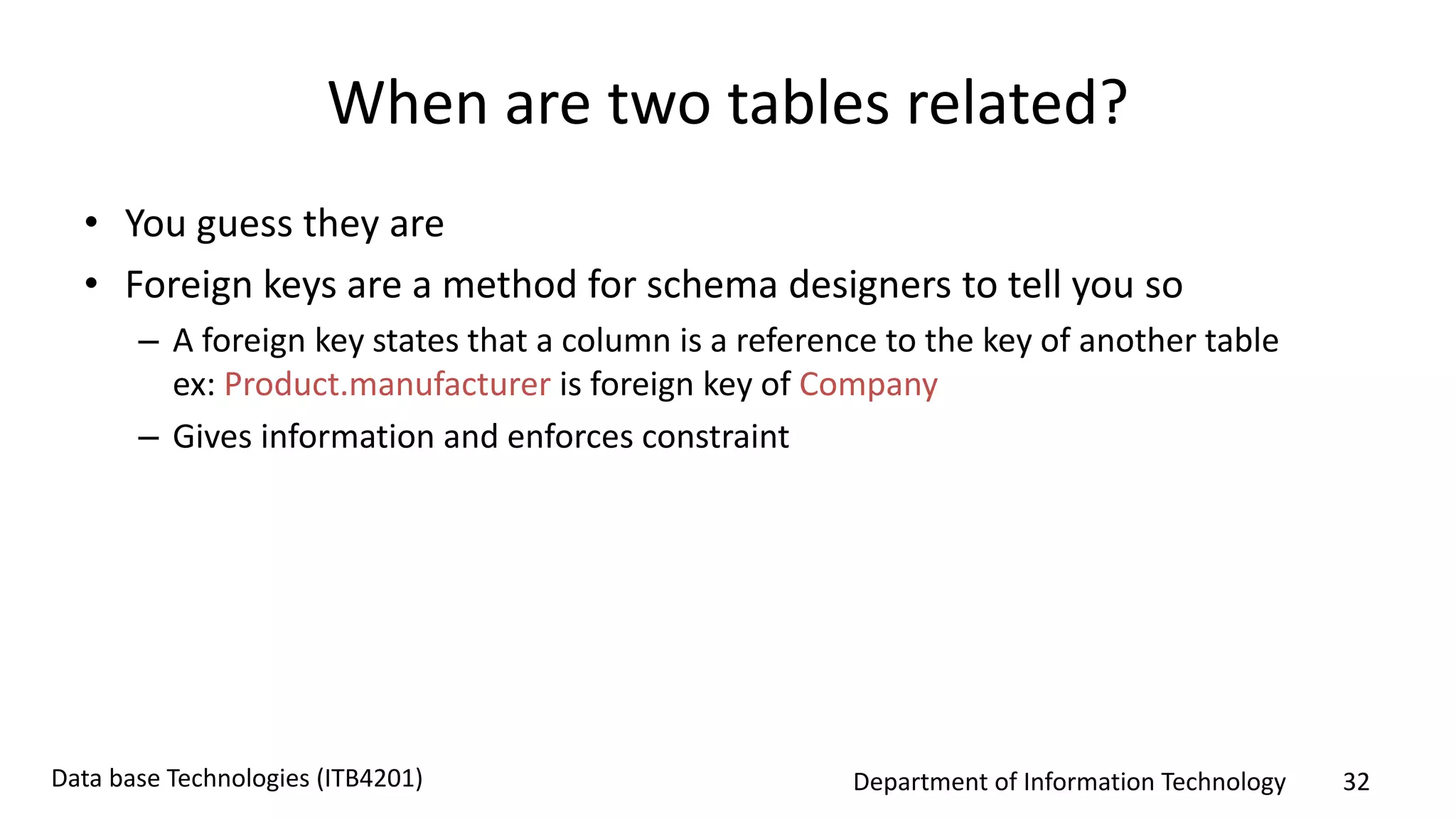 Department of Information Technology 32Data base Technologies (ITB4201)
When are two tables related?
• You guess they are
• Foreign keys are a method for schema designers to tell you so
– A foreign key states that a column is a reference to the key of another table
ex: Product.manufacturer is foreign key of Company
– Gives information and enforces constraint
 