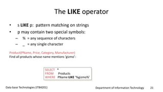 Department of Information Technology 21Data base Technologies (ITB4201)
The LIKE operator
• s LIKE p: pattern matching on strings
• p may contain two special symbols:
– % = any sequence of characters
– _ = any single character
Product(PName, Price, Category, Manufacturer)
Find all products whose name mentions ‘gizmo’:
SELECT *
FROM Products
WHERE PName LIKE ‘%gizmo%’
 