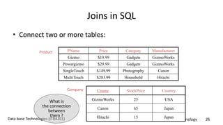 Department of Information Technology 26Data base Technologies (ITB4201)
Joins in SQL
• Connect two or more tables:
PName Price Category Manufacturer
Gizmo $19.99 Gadgets GizmoWorks
Powergizmo $29.99 Gadgets GizmoWorks
SingleTouch $149.99 Photography Canon
MultiTouch $203.99 Household Hitachi
Product
Company Cname StockPrice Country
GizmoWorks 25 USA
Canon 65 Japan
Hitachi 15 Japan
What is
the connection
between
them ?
 