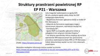 Struktury przestrzeni powietrznej RP
EP P21 - Warszawa
14ZASADY WYKONYWANIA LOTÓW2020-07-16
Loty mogą być wykonywane za zgodą SOP;
W celu uzyskania zgody należy złożyć do SOP
następujące dokumenty:
- Wypełniony formularz zgłoszenia lotów w strefie EP
P21 Warszawa II;
- Załącznik do formularza zawierający mapę z
zaznaczonym obszarem, nad którym ma być lot;
- Kserokopię ŚK*;
- Zgoda PAŻP w przypadku zgłoszenia lotów w
odległości 6 km od granic lotniska Chopina.*
* nie dotyczy operatorów, którzy znajdują się na liście
operatorów RPA dopuszczonych do uproszczonej
procedury wykonywania lotów RPA w CTR Warszawa.
Całość dokumentacji wysłać na min 5 dni roboczych
przed lotem.
Wszystkie niezbędne informacje można uzyskać na stronie:
https://www.sop.gov.pl/pl/o-sluzbie/loty-w-ep-p21-warszawa/493,LOTY-w-EP-P21-
Warszawa-II.html
Źródło: https://airspace.pansa.pl/
 