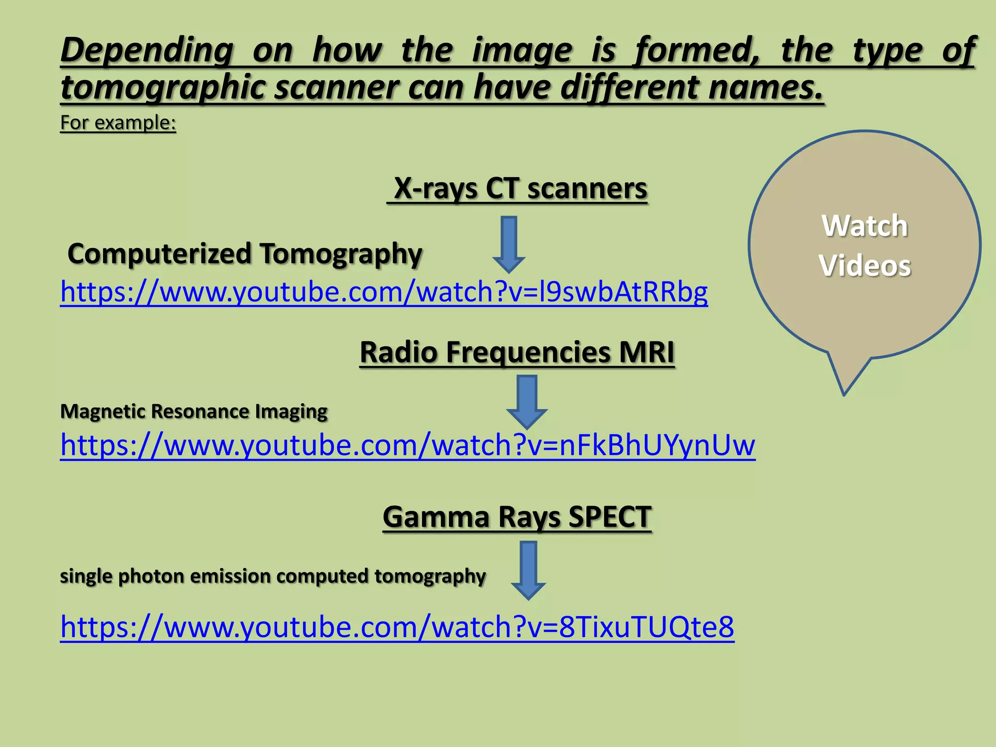 Depending on how the image is formed, the type of
tomographic scanner can have different names.
For example:
X-rays CT scanners
Computerized Tomography
https://www.youtube.com/watch?v=l9swbAtRRbg
Radio Frequencies MRI
Magnetic Resonance Imaging
https://www.youtube.com/watch?v=nFkBhUYynUw
Gamma Rays SPECT
single photon emission computed tomography
https://www.youtube.com/watch?v=8TixuTUQte8
Watch
Videos
 