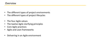 Overview
• The different types of project environments
• The different types of project lifecycles
• The four Agile values
• The twelve Agile clarifying principles
• Core Agile practices
• Agile and Lean frameworks
• Delivering in an Agile environment
 