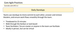 Core Agile Practices
Coincides with APG 5.2
Daily Standups
Teams use standups to micro-commit to each other, uncover and remove
blockers, and ensure work flows smoothly through the team.
• Timeboxed to 15 minutes
• Walk through the Kanban or task board
• Team facilitator / Scrum master or anyone in the team can facilitate
• Ideally in person, but can be virtual
 