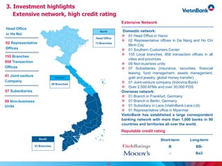 3. Investment highlights
Extensive network, high credit rating
Extensive Network
Domestic network:
 01 Head Office in Hanoi
 02 Representative offices in Da Nang and Ho Chi
Minh City
 01 Southern Customers Center
 155 Local branches, 958 transaction offices in all
cities and provinces
 09 Non-business units
 07 Subsidiaries (insurance, securities, financial
leasing, fund management, assets management,
gold and jewelry, global money transfer)
 01 Joint-venture company (Indovina Bank)
 Over 2.000 ATMs and over 30,000 POS
Overseas network:
 01 Branch in Frankfurt, Germany
 01 Branch in Berlin, Germany
 01 Subsidiary in Laos (VietinBank Laos Ltd)
 01 Representative office in Myanmar
VietinBank has established a large correspondent
banking network with more than 1,000 banks in 90
countries and territories all over the world.
13
Reputable credit rating
Short-term Long-term
B BB-
- Ba3
Head Office
in Ha Noi
02 Representative
Offices
155 Branches
958 Transaction
Offices
01 Joint-venture
Company
07 Subsidiaries
09 Non-business
Units
North
Head Office
73 Branches
Central
29 Branches
South
53 Branches
 