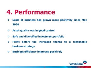  Scale of business has grown more positively since May
2020
 Asset quality was in good control
 Safe and diversified investment portfolio
 Profit before tax increased thanks to a reasonable
business strategy
 Business efficiency improved positively
4. Performance
18
 