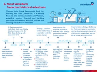7
2. About VietinBank
Important historical milestones
Vietnam Joint Stock Commercial Bank for
Industry and Trade (VietinBank) is a leading
financial and banking institution in Vietnam,
providing modern financial and banking
products and services with full utilities and
meeting international standards.
IPO was successfully,
VietinBank stock was officially
listed and traded on Ho Chi
Minh Stock Exchange with
stock code CTG
 Strategic
investor IFC
purchases
10% stake
 Establishment
of VietinBank
branch in
Frankfurt,
Germany
Successfully
transformed
Sunshine
Core
Banking
system
Strengthened
regional
cooperation and
international
integration;
VietinBank
brand value was
continuously
enhanced.
Upgrade from
a branch to a
subsidiary
bank -
VietinBank
Laos Ltd.
Develop a customer-
centric retail strategy to
become the best retail
bank in Vietnam
Orientation to shift
customer structure to
retail and SME, strongly
promote non-interest
income activities
Established
upon separation
from The State
Bank of Vietnam
(SBV)
 Strategic investor
BTMU (now known
as MUFG Bank)
purchases 19.73%
stake
 First bank in
Vietnam to issue
international bonds
 Establishment of
VietinBank branch
in Laos
2008 2009
2011 2012 20182015
2014 2019
1988 2017
Implemented drastically and eŸectively
the Restructuring plan in association
with handling bad debts in the period
of 2016-2020 at VietinBank and the
MTBP for the period 2018-2020.
2020
Established
the Center
for
developing
customer
financial
solutions -
Corporate
banking
division
 