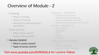 Overview of Module - 2
• Framing
• What is Framing
• Types of Framing
• Methods for identifying the
boundaries
• Flow Control
• What is flow control
• Types of flow control
• Access Control
• What is access control
• Types of access control
• Ethernet – IEEE 802.3
• Evolution of Ethernet
• Frame Format of Ethernet
• Access Control for Ethernet
• Performance Evaluation of Ethernet
• WLAN – IEEE 802.11
• Architecture
• Bluetooth
• WIFI
• Zigbee
• 6LowPan
• Network Layer Services
• IPv4
• Packet switching
• Network Layer Protocols
Visit www.youtube.com/GURUKULA for Lecture Videos
 