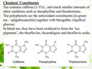 Chemical Constituents
Tea contains caffeine (1-3%) , and much smaller amounts of
other xanthines such as theophylline and theobromine.
The polyphenols are the antioxidant constituents [in green
tea – epigallocatechin] together with theogallin, trigalloyl
glucose.
In black tea, they have been oxidized to form the ‘tea
pigments’, the theaflavins, thearubigens and theaflavic acids.
 