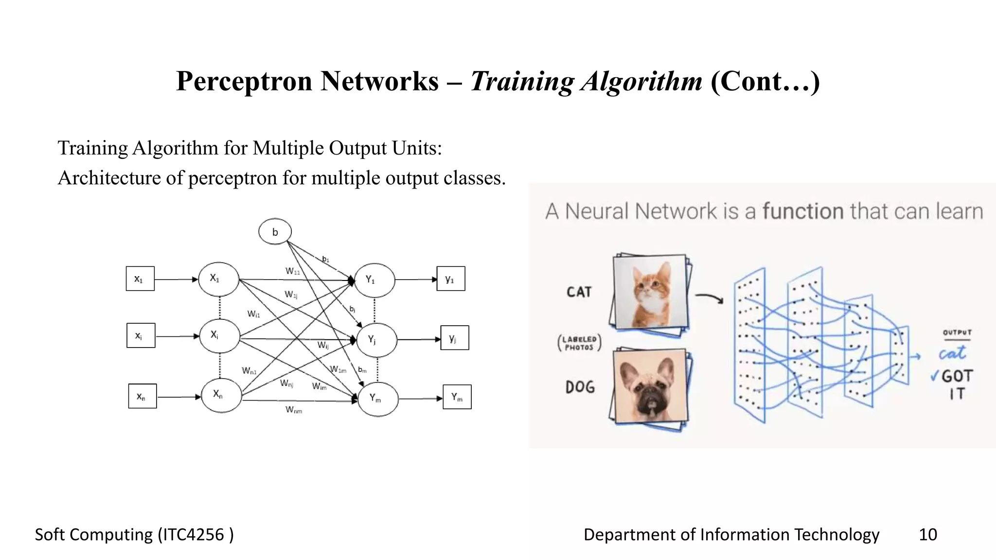 Department of Information Technology 10Soft Computing (ITC4256 )
Perceptron Networks – Training Algorithm (Cont…)
Training Algorithm for Multiple Output Units:
Architecture of perceptron for multiple output classes.
 