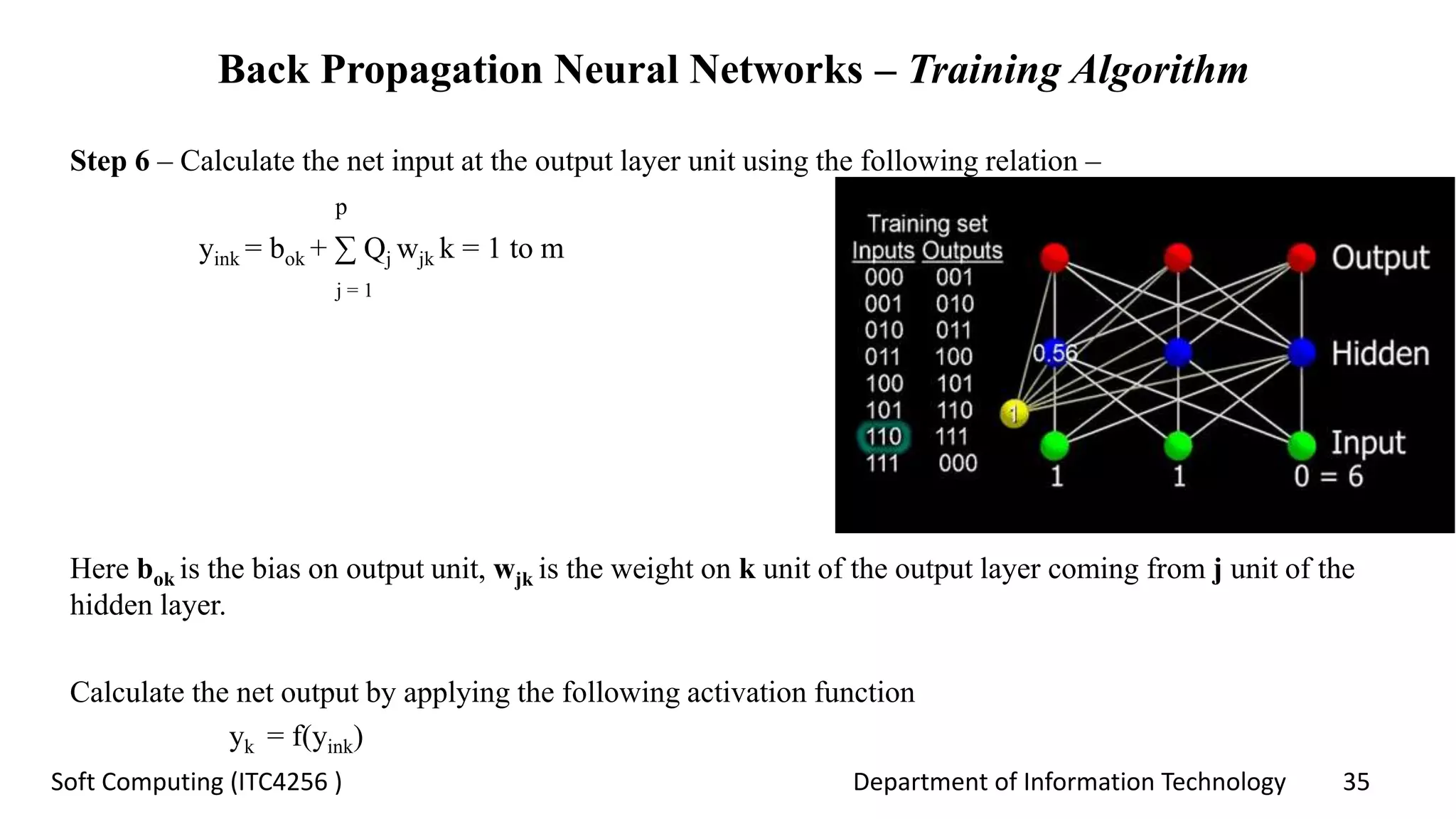 Department of Information Technology 35Soft Computing (ITC4256 )
Back Propagation Neural Networks – Training Algorithm
Step 6 – Calculate the net input at the output layer unit using the following relation –
p
yink = bok + ∑ Qj wjk k = 1 to m
j = 1
Here bok is the bias on output unit, wjk is the weight on k unit of the output layer coming from j unit of the
hidden layer.
Calculate the net output by applying the following activation function
yk = f(yink)
 