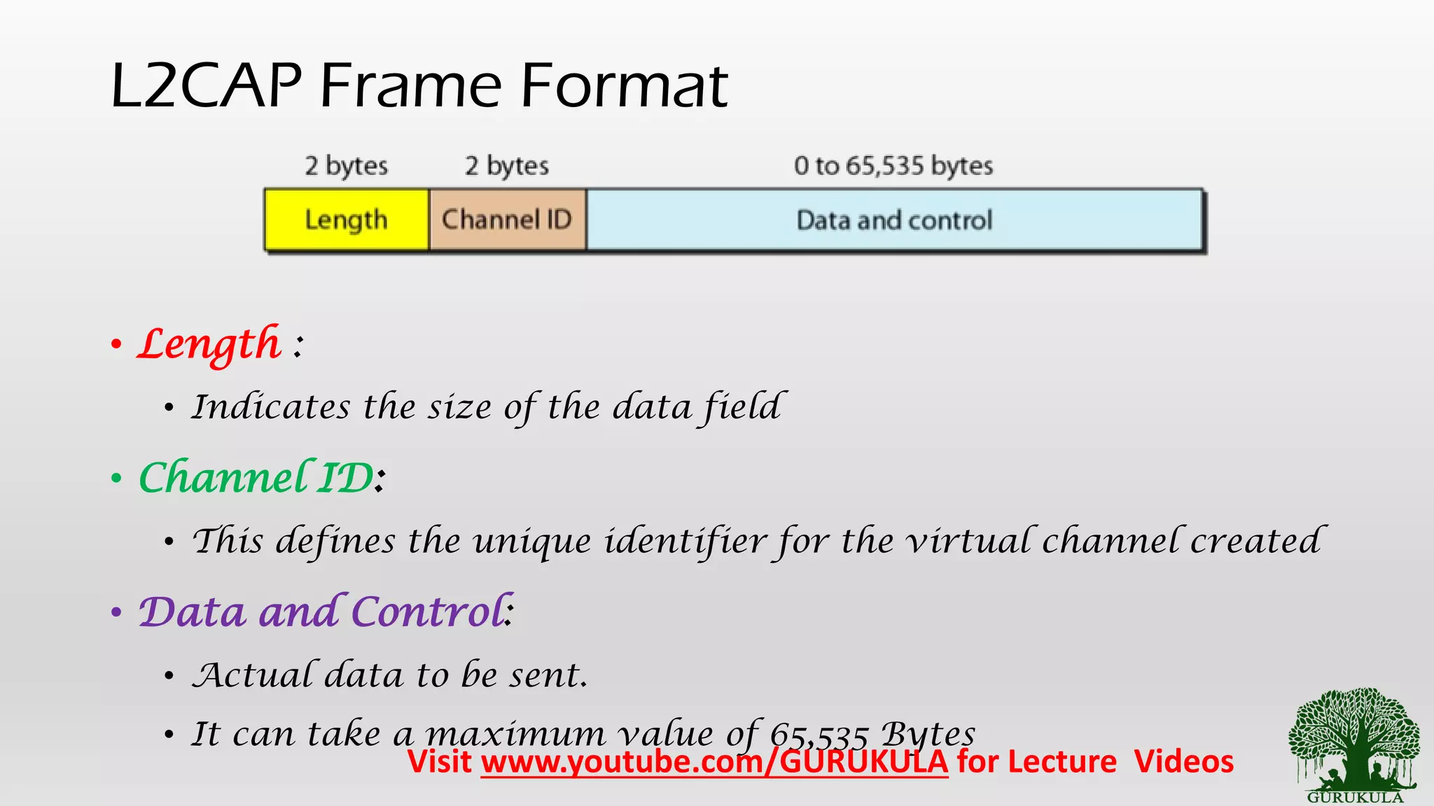 L2CAP Frame Format
• Length :
• Indicates the size of the data field
• Channel ID:
• This defines the unique identifier for the virtual channel created
• Data and Control:
• Actual data to be sent.
• It can take a maximum value of 65,535 Bytes
Visit www.youtube.com/GURUKULA for Lecture Videos
 