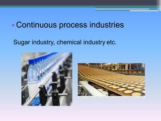• Continuous process industries
Sugar industry, chemical industry etc.
 