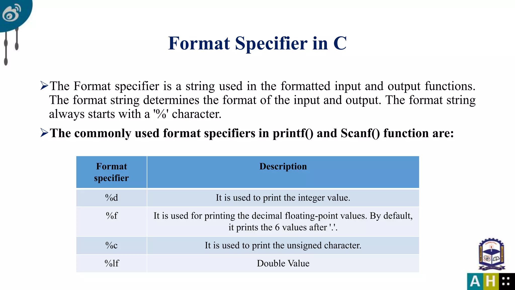 Format Specifier in C The Format specifier is a string used in the formatted input and output functions. The format string determines the format of the input and output. The format string always starts with a '%' character. The commonly used format specifiers in printf() and Scanf() function are: Format specifier Description %d It is used to print the integer value. %f It is used for printing the decimal floating-point values. By default, it prints the 6 values after '.'. %c It is used to print the unsigned character. %lf Double Value 