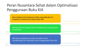 Peran Nusantara Sehat dalam Optimalisasi
Penggunaan Buku KIA
Mencatatkan hasil pelayanan balita yang diberikan di
Posyandu, Puskesmas ke dalam Buku KIA
Memberikan KIE dengan Buku KIA kepada ibu, keluarga dan
masyarakat,
Membantu pelaksanaan kelas ibu balita untuk
mendampingi ibu memahami dan menggunakan Buku KIA
 