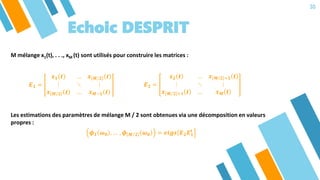 30
Echoic DESPRIT
M mélange x1(t), . . ., xM (t) sont utilisés pour construire les matrices :
𝑬 𝟏 =
𝒙 𝟏 𝒕 … 𝒙 𝑴/𝟐 𝒕
⋮ ⋱ ⋮
...