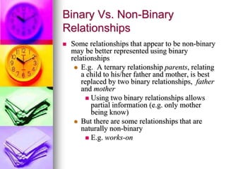 Binary Vs. Non-Binary
Relationships
 Some relationships that appear to be non-binary
may be better represented using binary
relationships
 E.g. A ternary relationship parents, relating
a child to his/her father and mother, is best
replaced by two binary relationships, father
and mother
 Using two binary relationships allows
partial information (e.g. only mother
being know)
 But there are some relationships that are
naturally non-binary
 E.g. works-on
 