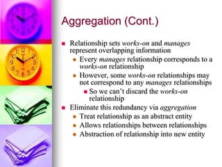 Aggregation (Cont.)
 Relationship sets works-on and manages
represent overlapping information
 Every manages relationship corresponds to a
works-on relationship
 However, some works-on relationships may
not correspond to any manages relationships
 So we can’t discard the works-on
relationship
 Eliminate this redundancy via aggregation
 Treat relationship as an abstract entity
 Allows relationships between relationships
 Abstraction of relationship into new entity
 