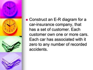  Construct an E-R diagram for a
car-insurance company, that
has a set of customer. Each
customer own one or more cars.
Each car has associated with it
zero to any number of recorded
accidents.
 