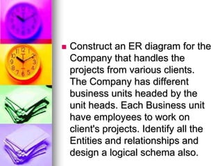  Construct an ER diagram for the
Company that handles the
projects from various clients.
The Company has different
business units headed by the
unit heads. Each Business unit
have employees to work on
client's projects. Identify all the
Entities and relationships and
design a logical schema also.
 
