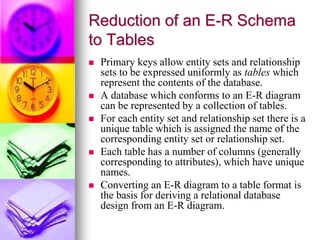 Reduction of an E-R Schema
to Tables
 Primary keys allow entity sets and relationship
sets to be expressed uniformly as tables which
represent the contents of the database.
 A database which conforms to an E-R diagram
can be represented by a collection of tables.
 For each entity set and relationship set there is a
unique table which is assigned the name of the
corresponding entity set or relationship set.
 Each table has a number of columns (generally
corresponding to attributes), which have unique
names.
 Converting an E-R diagram to a table format is
the basis for deriving a relational database
design from an E-R diagram.
 