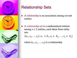 Relationship Sets
 A relationship is an association among several
entities
 A relationship set is a mathematical relation
among n  2 entities, each taken from entity
sets
{(e1, e2, … en) | e1  E1, e2  E2, …, en  En}
where (e1, e2, …, en) is a relationship
 