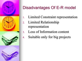 Disadvantages Of E-R model
1. Limited Constraint representation
2. Limited Relationship
representation
3. Loss of Information content
4. Suitable only for big projects
 