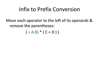 Infix to Prefix Conversion
Move each operator to the left of its operands &
remove the parentheses:
( + A B) * ( C + D ) )
 