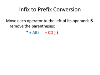 Infix to Prefix Conversion
Move each operator to the left of its operands &
remove the parentheses:
* + AB) + CD ) )
 